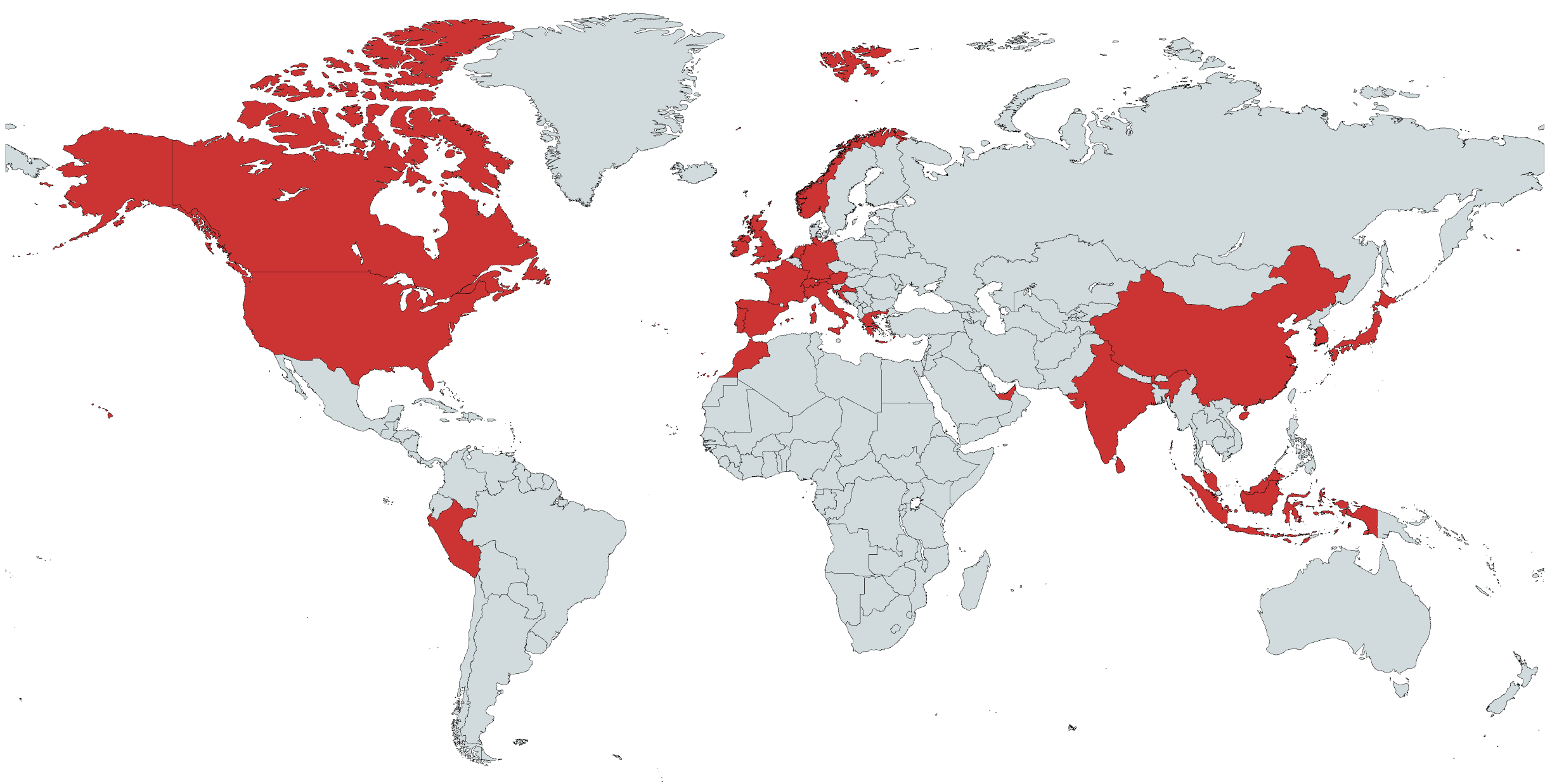 World map with visited countries highlighted in red
